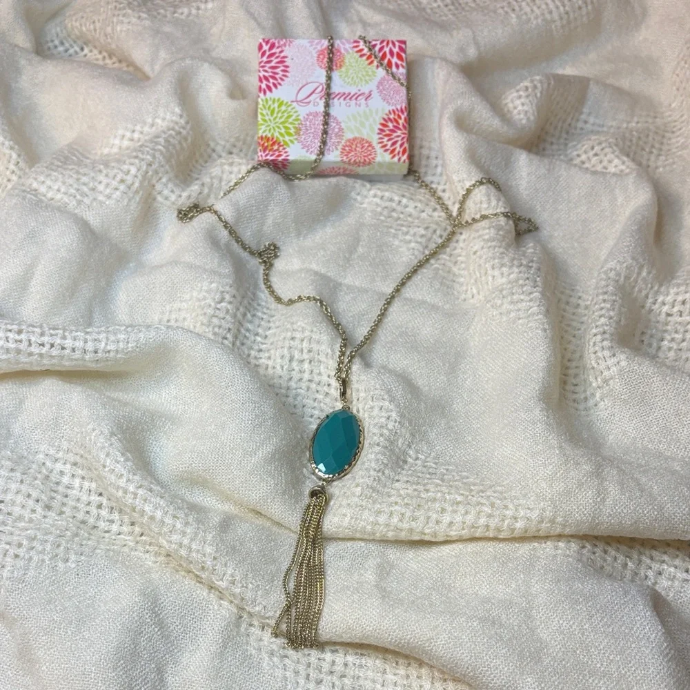 Premier Designs "CECE" Double-Sided Teal Blue Pendant Necklace NWT Gold Tone - Picture 5 of 12
